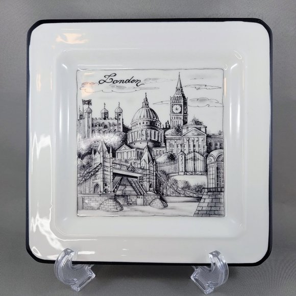 London Brunelli Cities Salad Plate Square 7.5” Made In Italy Black White Read - Picture 2 of 8